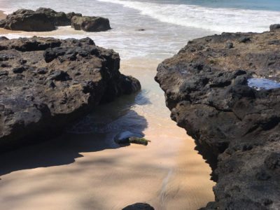 A channel of sand is left between black boulders on the Pacific coast of Mexico.